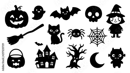 Cute Halloween Silhouette Element Set Featuring Kawaii Pumpkin Ghost Witch Cat and Haunted House Icons Vector Pack for Spooky Kids Holiday Graphics and Card Design