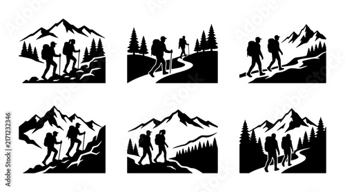 Canvastavla Mountain Hiking Silhouettes, Adventure Trekkers, Outdoor Exploration Vector Set