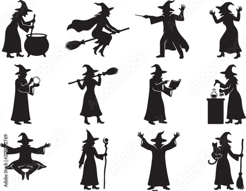 Fotografie Assorted black silhouettes of witches in various poses including flying on a bro