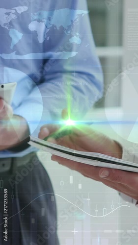 Animation of financial data processing over working business people