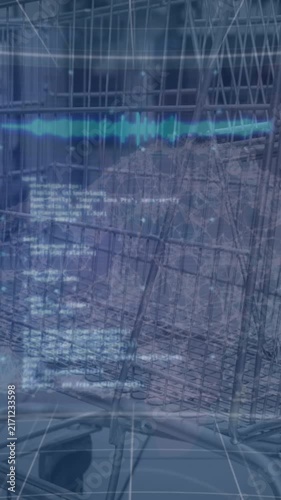 Animation of data processing on screens and digital cloud over supermarket cart