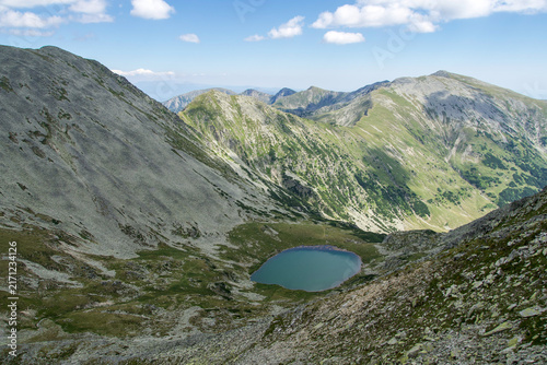 mountain landscape with blue sky, Peleaga Lake, Retezat Mountains, Romania 