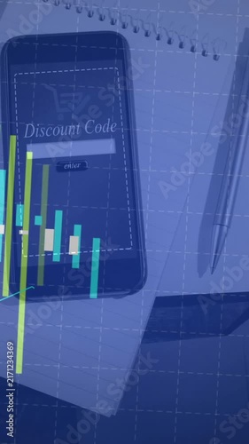 Financial chart animation over smartphone with Discount Code text on desk