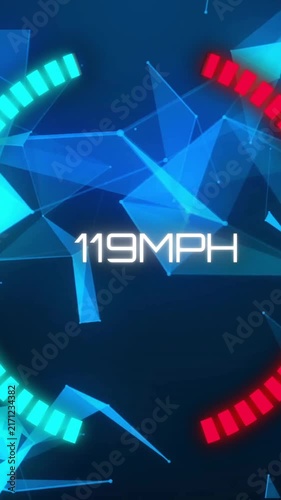 Speedometer animation showing 90 MPH over blue geometric shapes