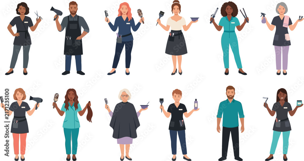 Obraz premium Diverse professionals with styling tools in a clean studio setting vector illustration