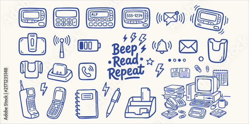 Bild auf Leinwand Doodle illustrations of vintage communication devices and office supplies on a c