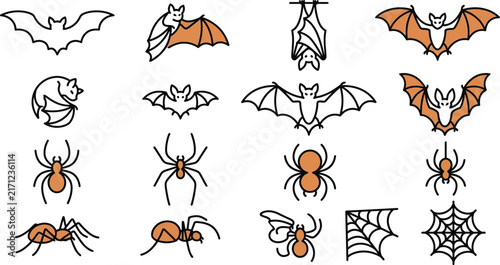 Halloween icons with bats spiders and webs in simple vector illustration style