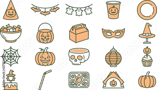 Halloween icons in orange and teal with flat design elements for festive celebrations