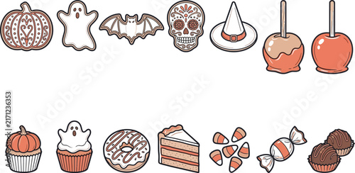 Halloween treats and icons in flat vector illustration style with copy space