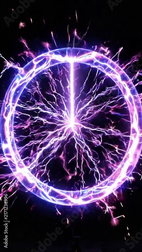 Electric purple plasma arcs inside a glass sphere in dark background