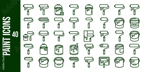 Cuadro en lienzo Collection of forty linear paint icons including brushes rollers paint cans and tools on a white background