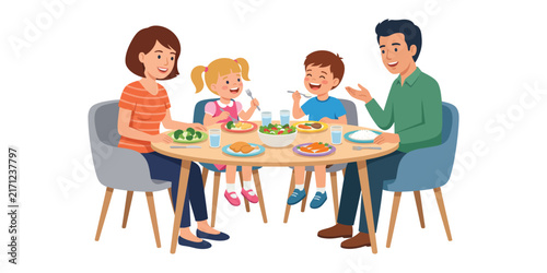 Happy Family Having Dinner Together, Parents And Children At Dining Table Illustration