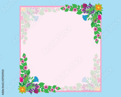 vector square frame decorated with colorful flower and leaf arrangements in the lower left and upper right corners, with a pink center area for invitations, banners and others