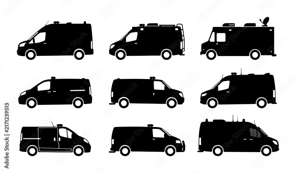 Naklejka premium Diverse Commercial Van Silhouettes, Delivery Vehicle Icons, Cargo Transport Vector Set