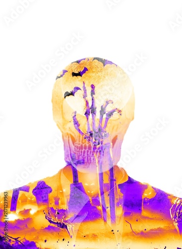 Abstract Halloween Skeleton Illustration with Moon and Bats