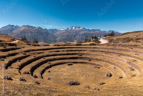 Circular Inca agricultural terraces of Moray in the Sacred Valley, Cusco, Peru.