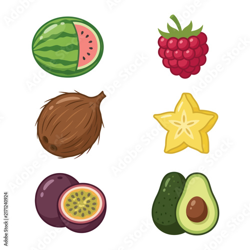 Assorted Fresh Fruit Collection: Watermelon, Raspberry, Coconut, Starfruit, Passion Fruit, Avocado
