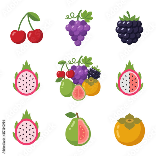 Assorted Fresh Fruit Icons: Grapes, Cherries, Dragon Fruit, Guava, Persimmon, Blackberry