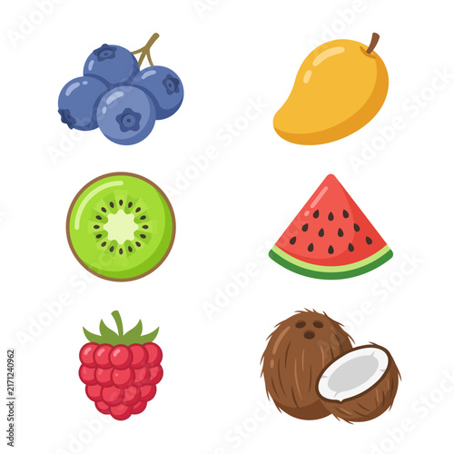 Assorted Fresh Fruit Icons: Blueberry, Mango, Kiwi, Watermelon, Raspberry, Coconut