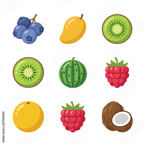 Assorted Fresh Fruit Icons: Blueberry, Mango, Kiwi, Watermelon, Raspberry, Orange, Coconut