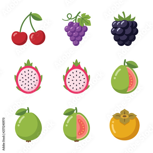 Assorted Fresh Fruit Icons Set: Cherries, Grapes, Blackberry, Dragon Fruit, Guava, Persimmon