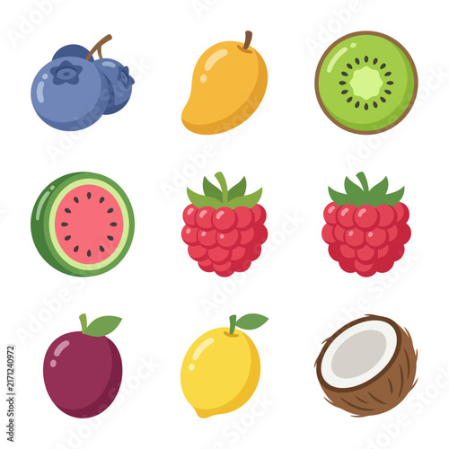 Assorted Fresh Fruit Icons: Blueberry, Mango, Kiwi, Watermelon, Raspberry, Coconut, Plum, Lemon