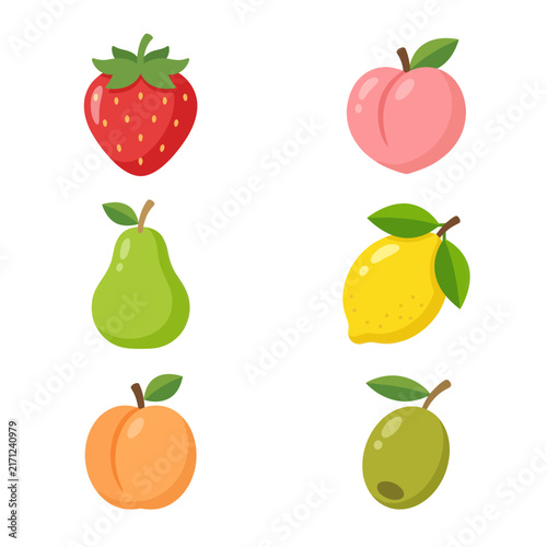 Assorted Fresh Fruit Icons: Strawberry, Peach, Pear, Lemon, Apricot, Olive