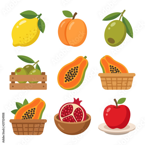 Assorted Fresh Fruits and Olives Collection Vector Illustration