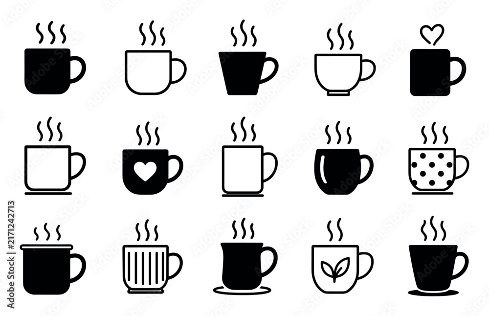 Obraz premium Coffee and tea cup vector icons set featuring various mug designs with steam, hearts, stripes, and polka dots for cafe menus and graphic design