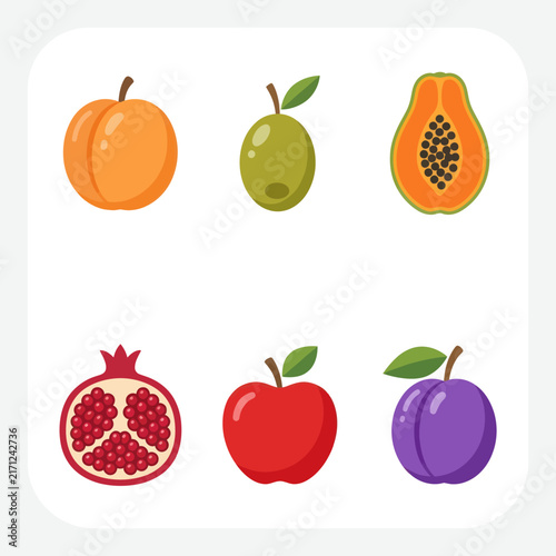 Assorted Fresh Fruits Collection: Apple, Plum, Papaya, Pomegranate, Apricot, Olive