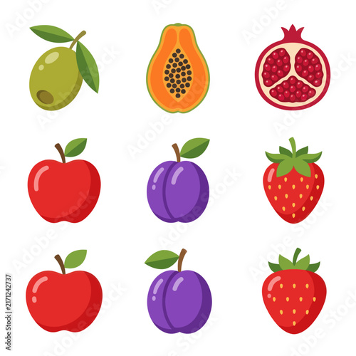 Assorted Fresh Fruits Collection: Apple, Plum, Strawberry, Olive, Papaya, Pomegranate Icons