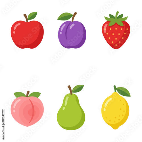 Assorted Fresh Fruits Collection: Apple, Plum, Strawberry, Peach, Pear, Lemon Icons