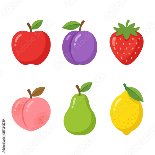Assorted Fresh Fruits Collection: Apple, Plum, Strawberry, Peach, Pear, Lemon Icons