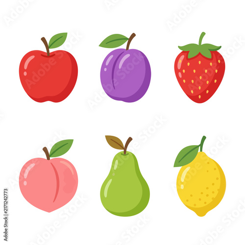 Assorted Fresh Fruits Collection: Apple, Plum, Strawberry, Peach, Pear, Lemon