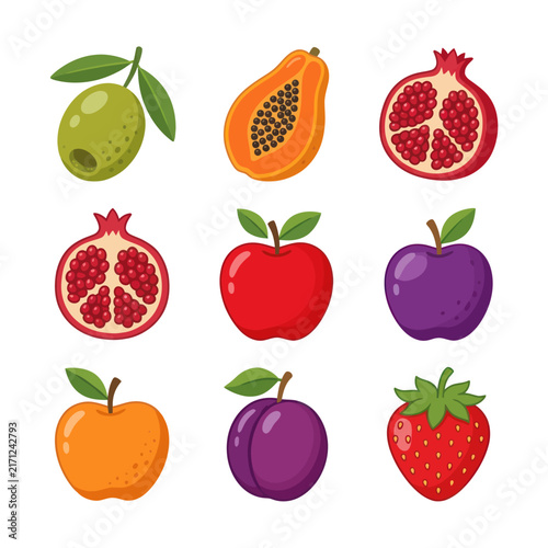 Assorted Fresh Fruits Collection: Apple, Pomegranate, Papaya, Olive, Plum, Strawberry