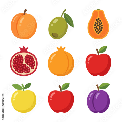 Assorted Fresh Fruits Collection: Apple, Pomegranate, Papaya, Olive, Apricot, Plum