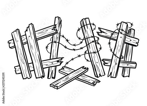 Foto Broken wooden fence sections wrapped with barbed wire isolated on a plain white