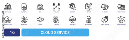 Set of 16 outline web Cloud Service icons such as cloud network, cloud service, data center, operating, database management, hybrid, operating system vector icons for report, presentation, diagram,