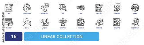 Set of 16 outline web Linear Collection icons such as information, multiple choice, message, clipboard, questions, answer, email vector icons for report, presentation, diagram, web design, mobile app