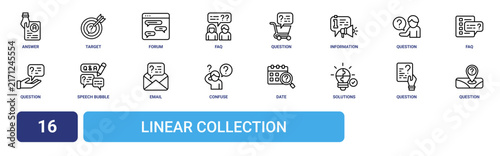 Set of 16 outline web Linear Collection icons such as question, question, solutions, date, confuse, email, speech bubble vector icons for report, presentation, diagram, web design, mobile app