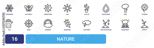 Set of 16 outline web Nature icons such as sprout, rainforest, photosynthesis, lightning, rosemary, rainbow, snow vector icons for report, presentation, diagram, web design, mobile app