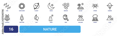 Set of 16 outline web Nature icons such as slide, forest, volcano, bird, road, leaf, pine tree vector icons for report, presentation, diagram, web design, mobile app