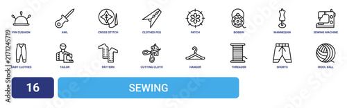 Set of 16 outline web Sewing icons such as wool ball, shorts, threader, hanger, cutting cloth, pattern, tailor vector icons for report, presentation, diagram, web design, mobile app