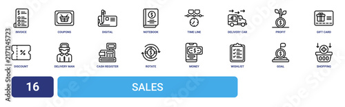 Set of 16 outline web Sales icons such as shopping basket, goal, wishlist, money transaction, rotate, cash register, delivery man vector icons for report, presentation, diagram, web design, mobile