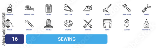 Set of 16 outline web Sewing icons such as machine oil, leather, scraf, knitting neddles, shuttle, thimble, crochet vector icons for report, presentation, diagram, web design, mobile app