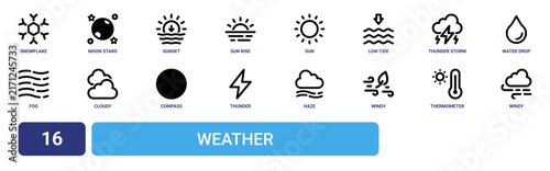 Set of 16 outline web Weather icons such as windy, thermometer, windy, haze, thunder, compass, cloudy vector icons for report, presentation, diagram, web design, mobile app