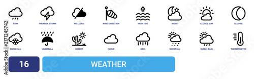 Set of 16 outline web Weather icons such as thermometer, sunny rain, snowfall, rain, cloud, desert, umbrella vector icons for report, presentation, diagram, web design, mobile app