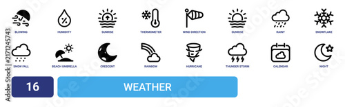 Set of 16 outline web Weather icons such as night, calendar, thunder storm, hurricane, rainbow, crescent, beach umbrella vector icons for report, presentation, diagram, web design, mobile app
