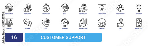 Set of 16 outline web Customer Support icons such as phone call, like, 24 hour, prsentation, premium support, call, explain vector icons for report, presentation, diagram, web design, mobile app