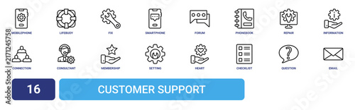 Set of 16 outline web Customer Support icons such as email, question, checklist, heart, setting, membership, consultant vector icons for report, presentation, diagram, web design, mobile app